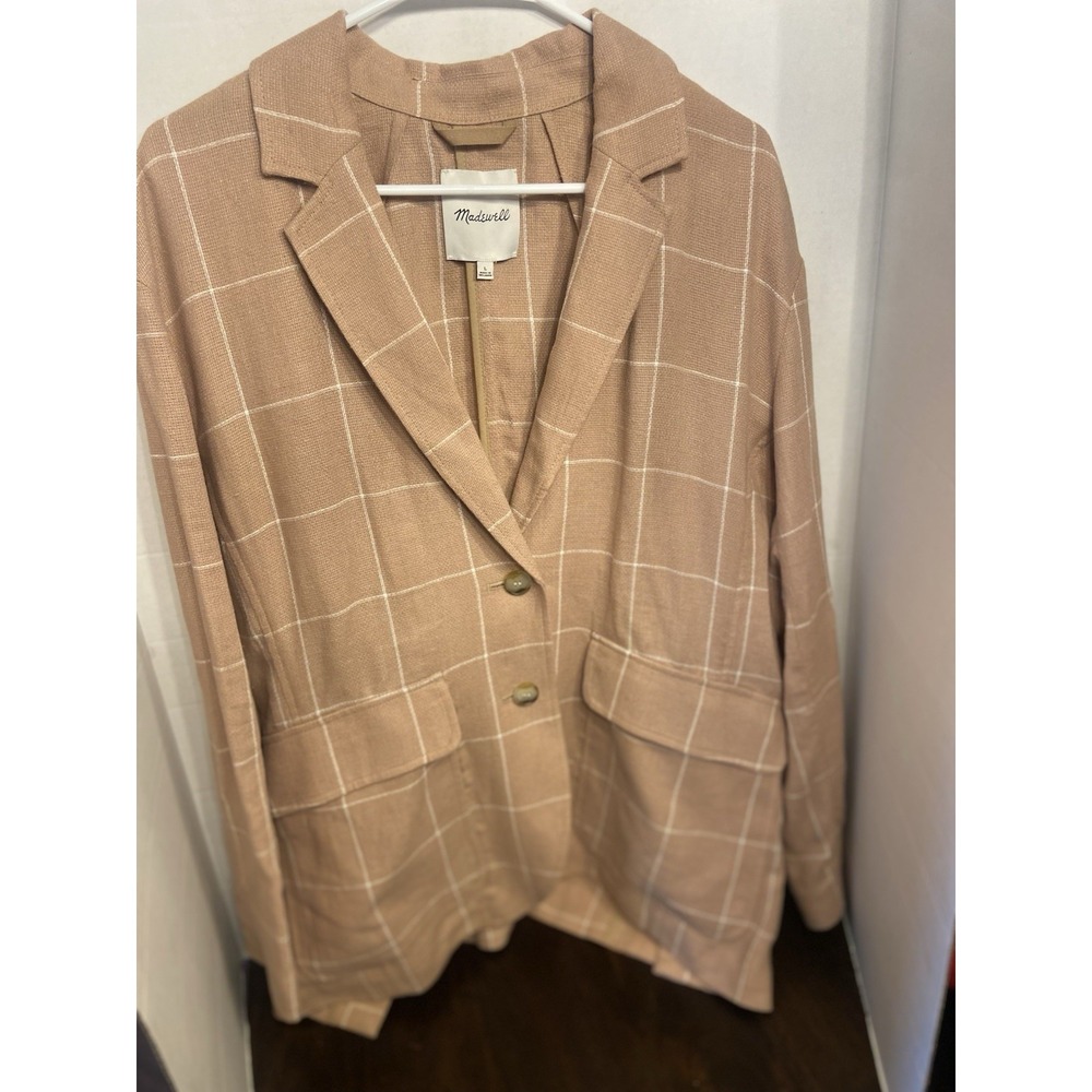 Madewell Breezewoven Larsen Blazer In Windowpane Linen Blend Tan  Size L